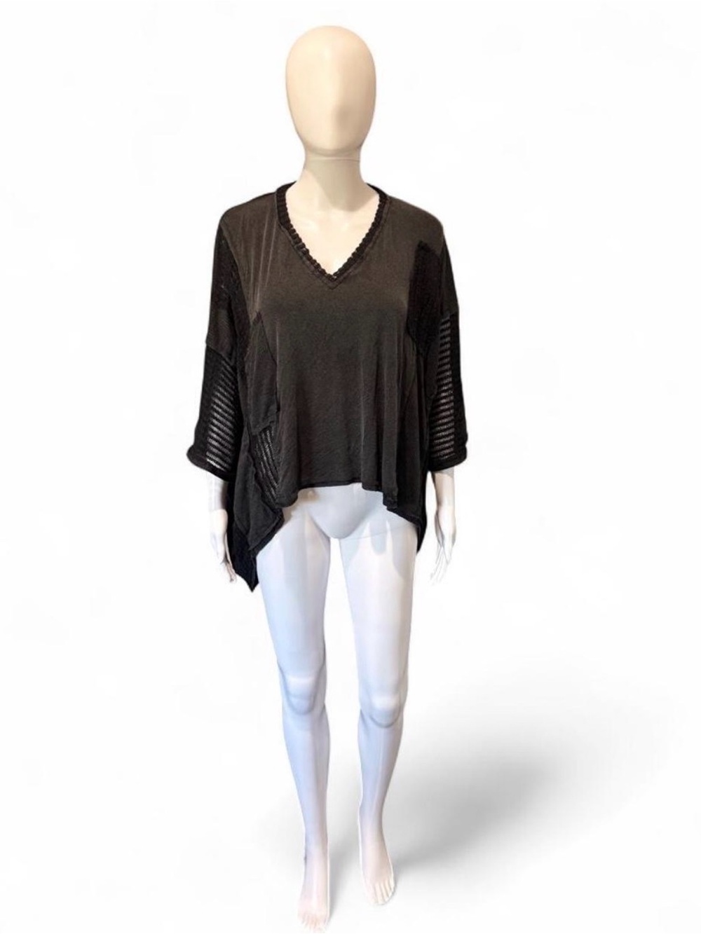 POL Black Knit Oversized Top Crochet Bell Sleeves